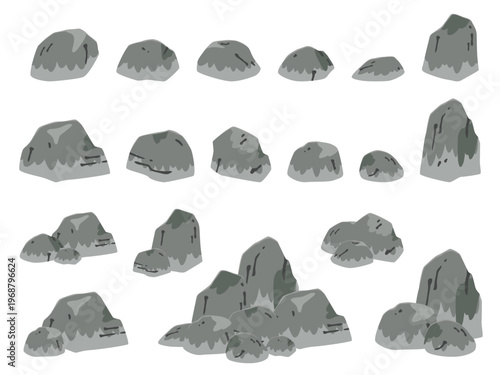 水墨画の雰囲気を取り入れたかわいい和風の岩のイラスト素材セット_濃い