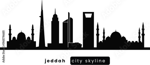 Jeddah Skyline Silhouette. Modern Saudi city skyline line art, skyscrapers, futuristic metropolis. Jeddah City Skyline Silhouette Isolated on White Background Saudi Arabia Urban Landscape