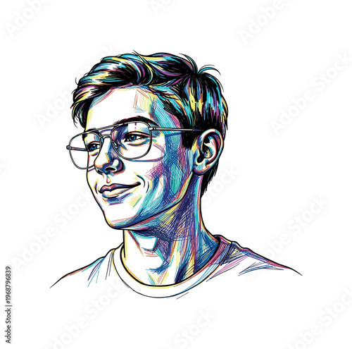 Modern teenage boy with glasses and colorful hair, illustrated portrait
