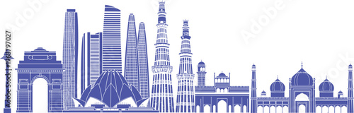 india, skyline, landmarks, silhouette, architecture, taj, mahal, qutub, minar, india, gate, modern, cityscape, vector, illustration, travel, culture, monuments, heritage, design