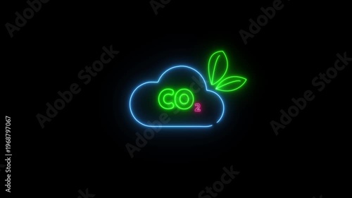 Neon CO2 emissions in cloud icon on black background. Futuristic exhaust gas emission concept with glowing carbon dioxide formula and abstract cloud shining animation.
