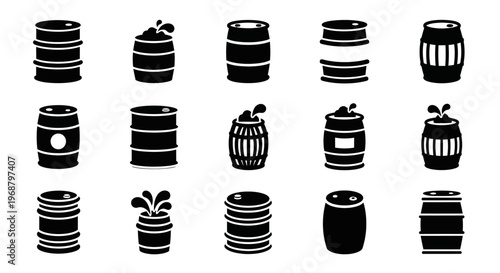 Black barrel icons, wooden keg symbols, wine cask graphics, beer drum illustrations, 16 vector elements