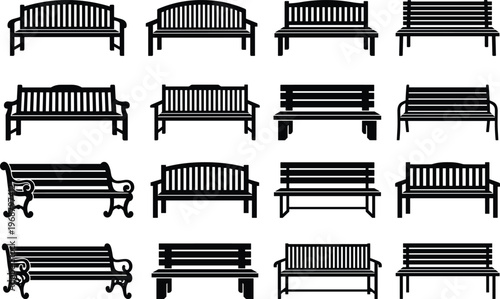 Park Bench Vector Set Collection. Park bench vector set with different outdoor seating designs isolated on white background urban furniture collection