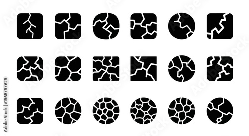 Cracked texture icons, broken surface patterns, black and white graphics, 20 shapes