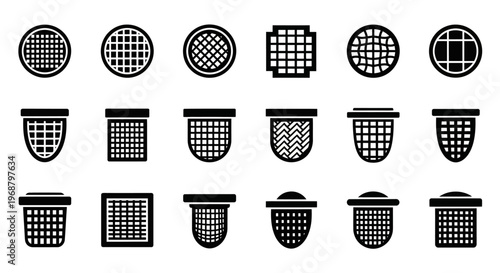 Black metal grates, manhole covers, drain grids set, vector icons