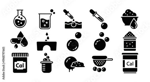 Black icons of laboratory and pharmacy, 16 science symbols, vector graphics, medical and chemistry illustrations, lab equipment and pills