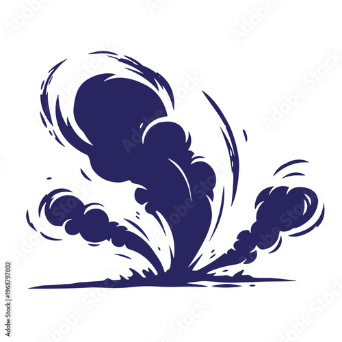 Dark blue cartoon smoke cloud with swirling motion lines and puff shapes isolated on a white background
