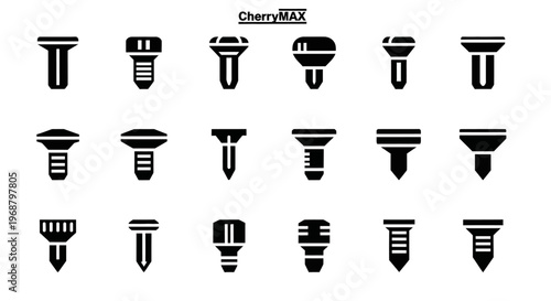 Black screw icons, bolt symbols, fastener glyphs, industrial hardware set, 16 vector graphics