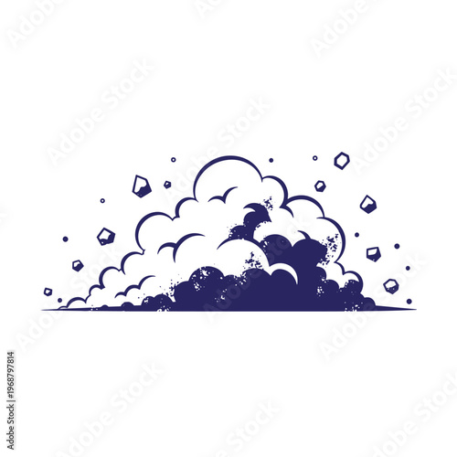 Dark blue comic book style explosion cloud with debris and dust particles isolated on a white background
