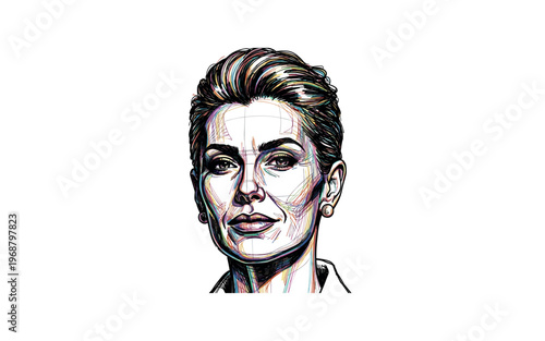 Striking three-quarter portrait illustration of a woman with short, styled hair and colorful lines