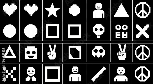 Pixel Art Icons Set, geometric shapes and symbols, on black background