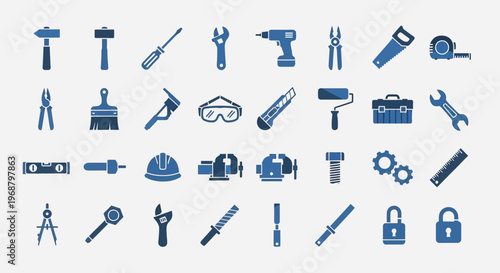 Blue Gradient Construction and Hand Tools Icons Set, isolated white background