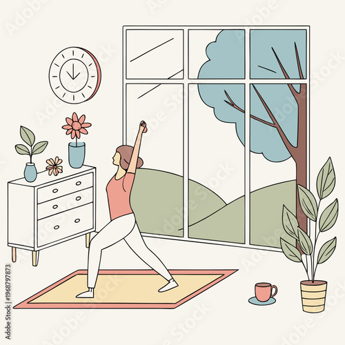 Woman in warrior yoga pose in a serene home environment
