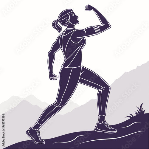 Woman in running gear flexing her arm on a hilltop