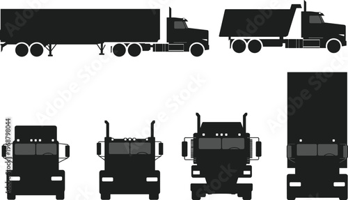 Black and grey silhouette collection of semi-trucks and dump trucks from side and front views on a white background