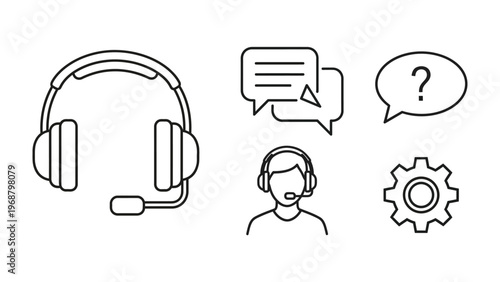 Customer support icons: headset, chat, question, settings