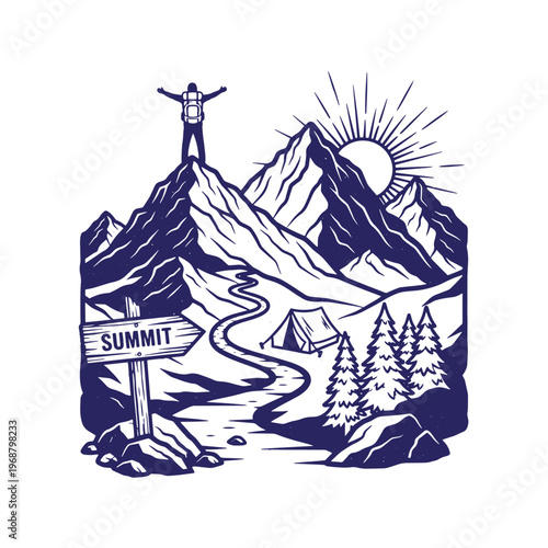 Dark blue ink of a hiker standing on a mountain peak with arms raised next to a wooden summit sign a winding trail a camping tent and pine trees under a rising sun