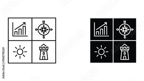 Contrasting icon sets with different background styles and symbols representing growth, direction, energy, and defense
