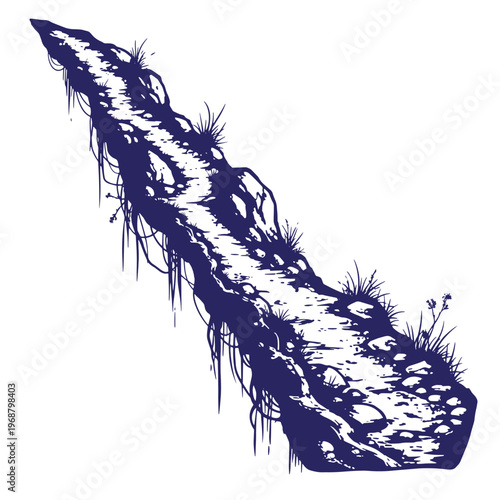 Dark blue ink of a narrow rocky mountain path winding upwards with tufts of grass and hanging vines on a white background