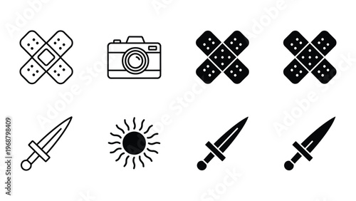 Contrasting icons depicting first aid, photography, and weaponry with varying styles