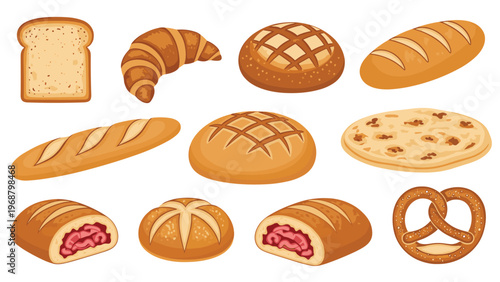Wide variety of freshly baked bread types including croissant baguette pretzel and sliced loaf for bakery and breakfast concepts.