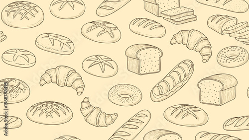 Seamless pattern featuring diverse types of hand drawn bread illustrations on a light beige background for bakery shop wallpaper.