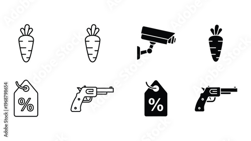 Contrast between surveillance, agriculture, and financial crime icons