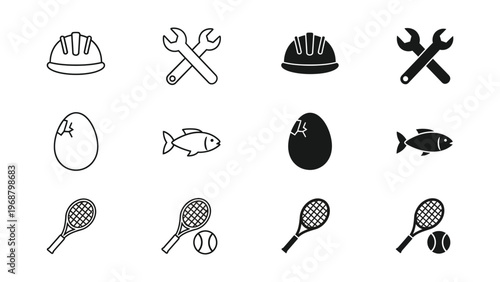 Contrasting icons of safety, tools, food, sports, and their forbidden counterparts
