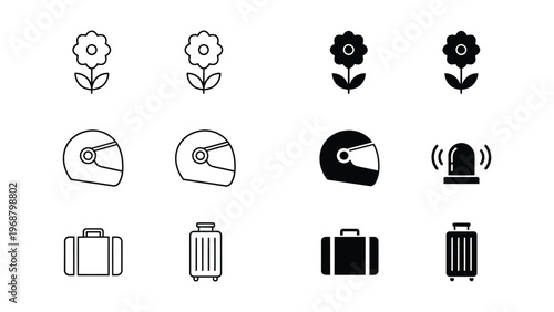 Collection of travel and safety icons featuring flowers, helmets, suitcases, and traffic light
