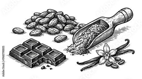 A detailed illustration showcasing the raw ingredients and finished product of chocolate, including cocoa beans, cocoa powder, vanilla pods, and a bar of chocolate.