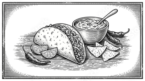 A detailed illustration of a delicious taco, served with a side of tortilla chips, guacamole, and spicy peppers on a wooden surface.