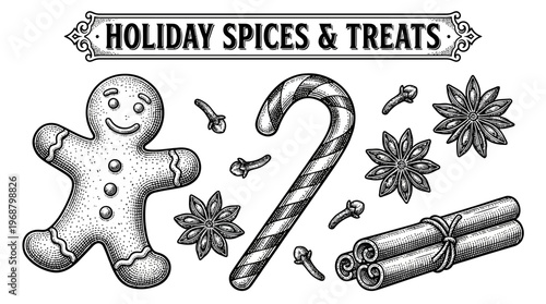 A vintage illustration of holiday spices and treats including a gingerbread man, candy cane, cinnamon sticks, star anise, and cloves.
