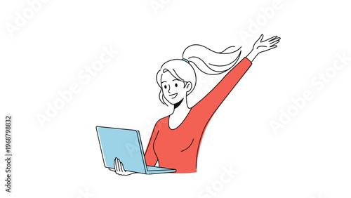 Cheerful young woman waving her hand while holding a laptop for online communication and remote work from home lifestyle concepts.