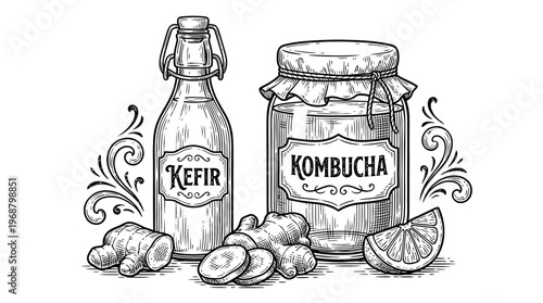 A black and white sketch of a bottle of kefir and a jar of kombucha, surrounded by ginger and a lemon slice.