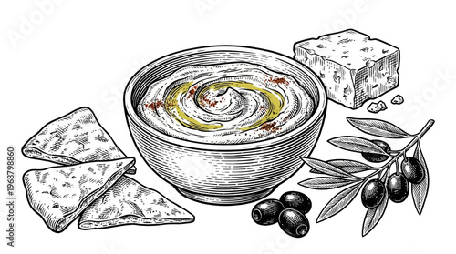 A detailed illustration of a bowl of creamy hummus garnished with olive oil and spices, served with pita bread, olives, and feta cheese.
