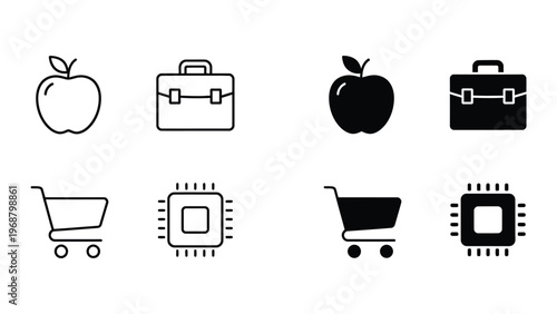 Contrasting icon sets featuring apples, briefcases, shopping carts, and microchips in outline and solid black styles