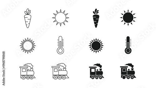 Contrasting weather and harvest icons with vintage trains