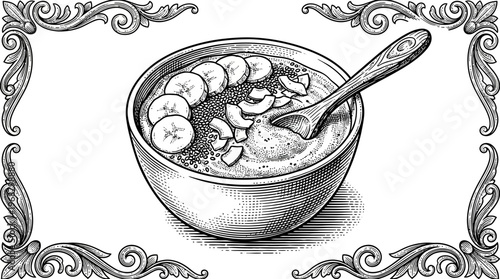 A detailed black and white illustration of a healthy breakfast bowl filled with sliced bananas and coconut flakes, served with a spoon.