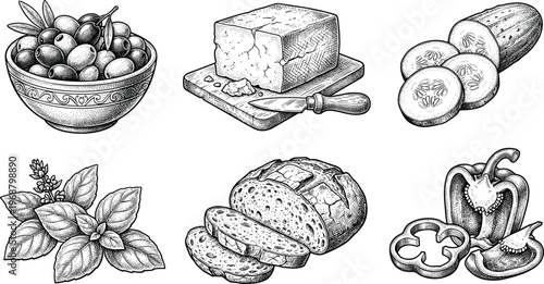 Food Ingredients Sketch Set. Food ingredients sketch set with bread cheese bowl herbs and kitchen elements hand drawn engraving style vector illustration