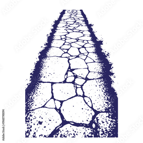 Dark blue ink of a stone paved path receding into the distance with rough textured edges and irregular cracked flagstone shapes on a white background
