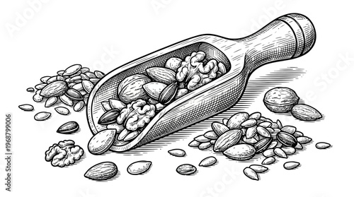 A wooden scoop filled with a variety of nuts and seeds, scattered around on a surface.