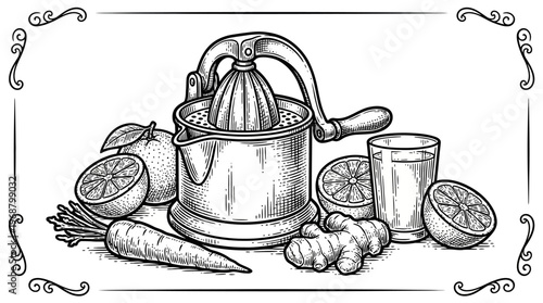 Vintage manual citrus juicer with fresh oranges, carrots, ginger, and a glass of juice, rendered in a detailed black and white engraving style.