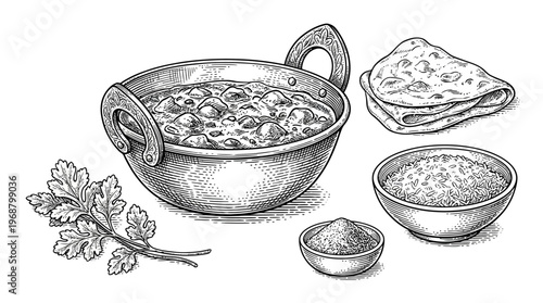 A detailed, hand-drawn illustration of a traditional Indian meal, featuring a karahi filled with curry, a stack of naan bread, a small bowl of spices, and a sprig of fresh cilantro.