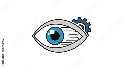 Futuristic Eye with Blue Iris and Grey Gear Icon on isolated white background, symbolizing vision technology, artificial intelligence, surveillance, or digital optics.