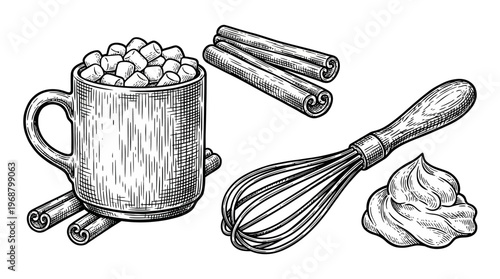 A vintage illustration of a mug filled with marshmallows and cinnamon sticks, alongside a whisk and a dollop of whipped cream.