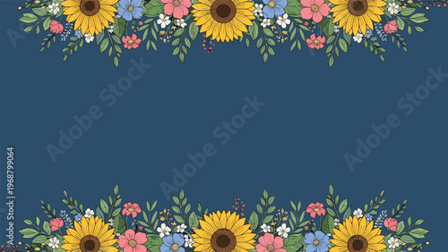 Vibrant sunflower and mixed wildflower borders on a dark blue background for rustic and country style summer garden designs.