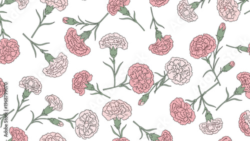 Soft pink carnation flowers and green stems scattered on a clean white background for a delicate and feminine floral pattern design.