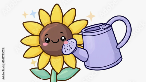 Cute kawaii flower character holding a tiny watering can, cartoon style. Ai generated.