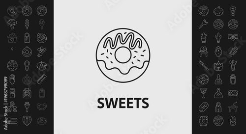 Collection of sweets and dessert food icons with a donut focus on bright studio background, symbolizing tasty treats.