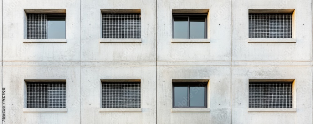 Fototapeta premium Urban Geometry Modern Concrete Facade with Symmetrical 2x4 Grid of Windows, some secured by Mesh, others open. Repetitive architectural pattern. Industrial, Abstract